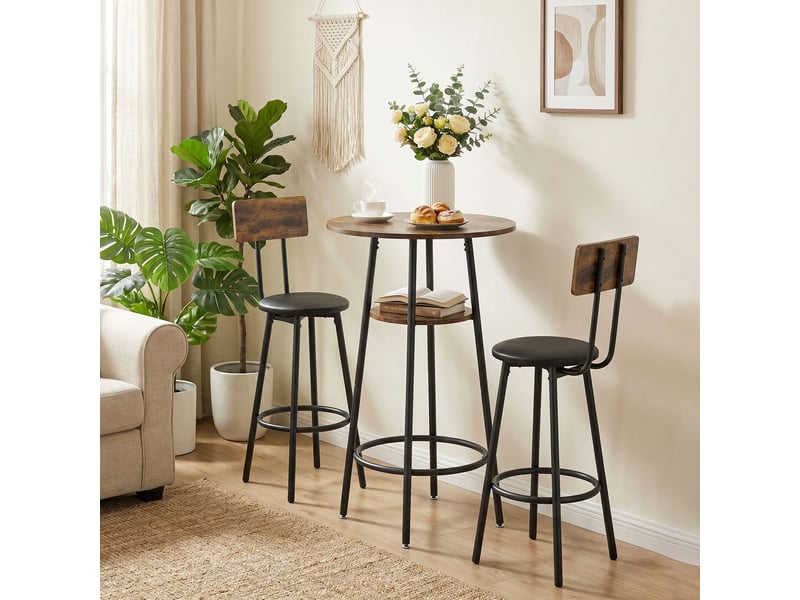  Ensemble table de bar industrielle avec 2 tabourets rembourrés, repose-pieds, structure en métal, table de cuisine avec étagère, marron rustique  - Conforama D