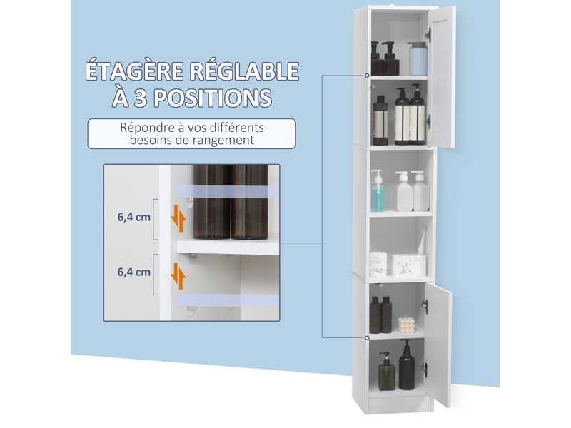  Armoire salle de bain haute, meuble de rangement colonne avec miroir, 2 portes, étagères réglables, 30x28x170cm, blanc  - Conforama E