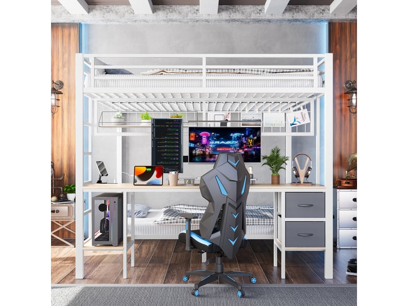 Lit mezzanine blanc 90/140x200 cm avec bureau, tiroirs, led 7 couleurs et usb - Conforama B