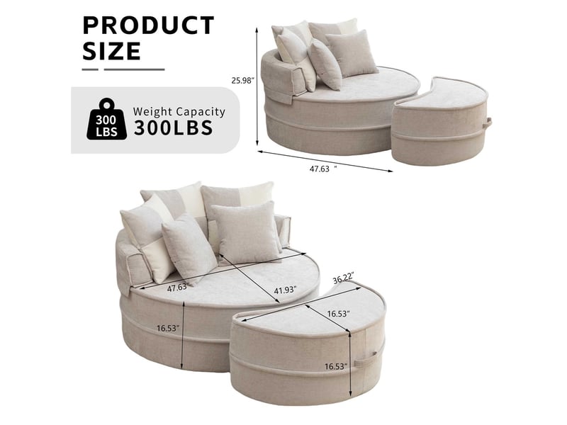  Canapé rond avec 5 coussins et repose-pieds - 163x121x66cm - fauteuil lounge en chenille sans structure de mousse - gris  - Conforama E