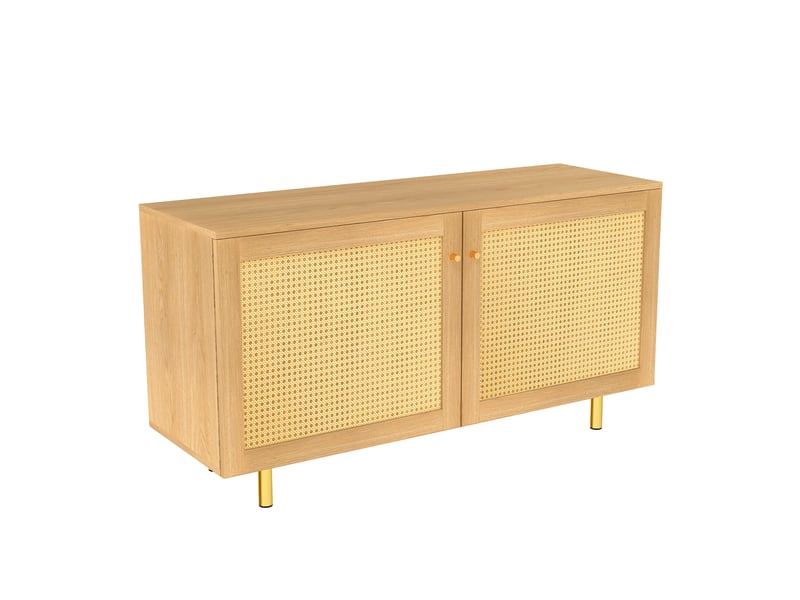  Buffet 2 portes avec étagère et façades en rotin - lpospi - pieds métal doré, mdf décor bois naturel 120 × 40 × 63 cm  - Conforama A