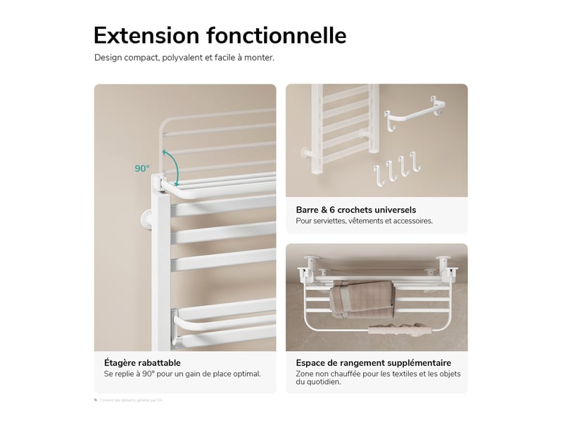  Sèche-serviettes électrique connecté wifi emke 1000x500 mm avec étagère pliable, écran led, programmable, 280 w, blanc brillant  - Conforama D