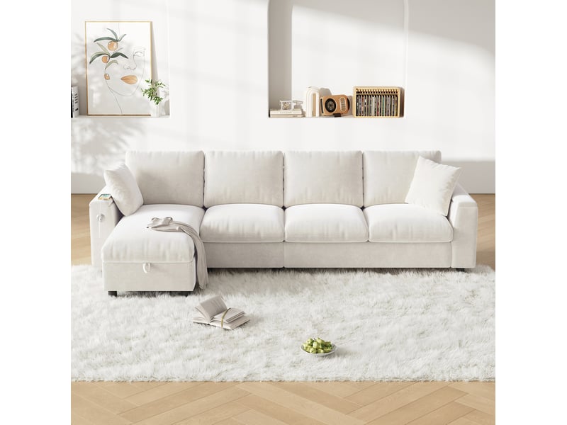 Canapé d'angle convertible modenvie 4 places réversible 280 x 137 cm en chenille beige avec rangement usb et type-c - Conforama D