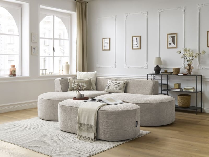  Bobochic canapé d'angle fixe rousseau tissu texturé avec pouf beige  angle gauche ROUSSEAU - Conforama B