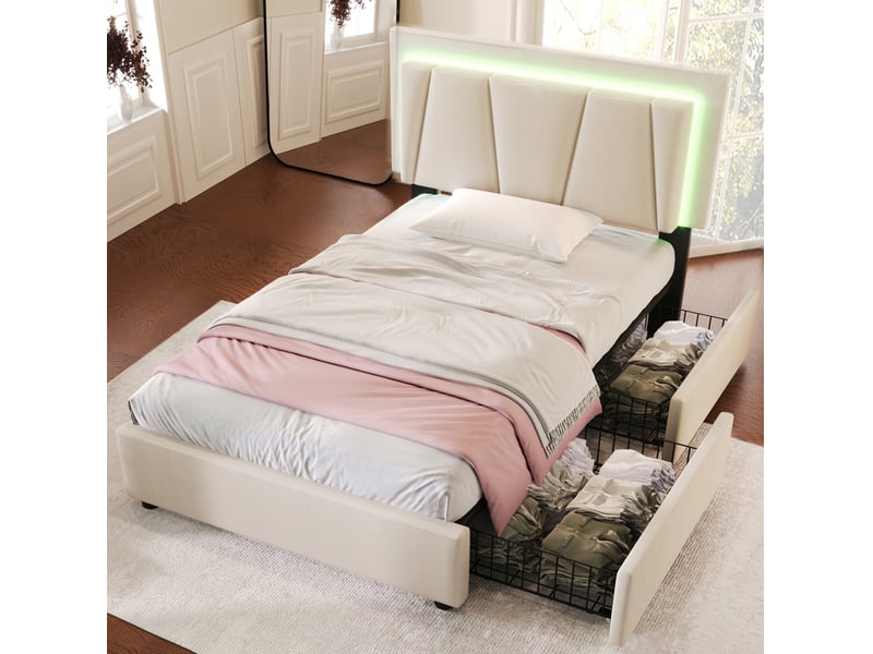  Lit rembourré 90 × 200 cm 1 place avec 2 tiroirs, led réglable et tête de lit ajustable, matelas inclus, beige  - Conforama C