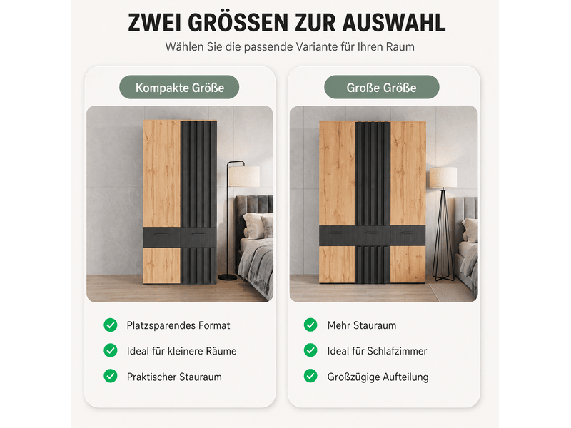  Armoire 2 portes 90 x 50 x 200 cm – noir et naturel – penderie, 2 tiroirs et étagères de rangement  - Conforama E