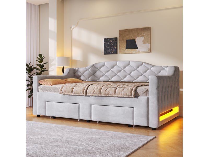  Canapé-lit extensible 90/180x200 cm, 2 tiroirs, led 7 couleurs, velours gris, sans matelas  - Conforama W