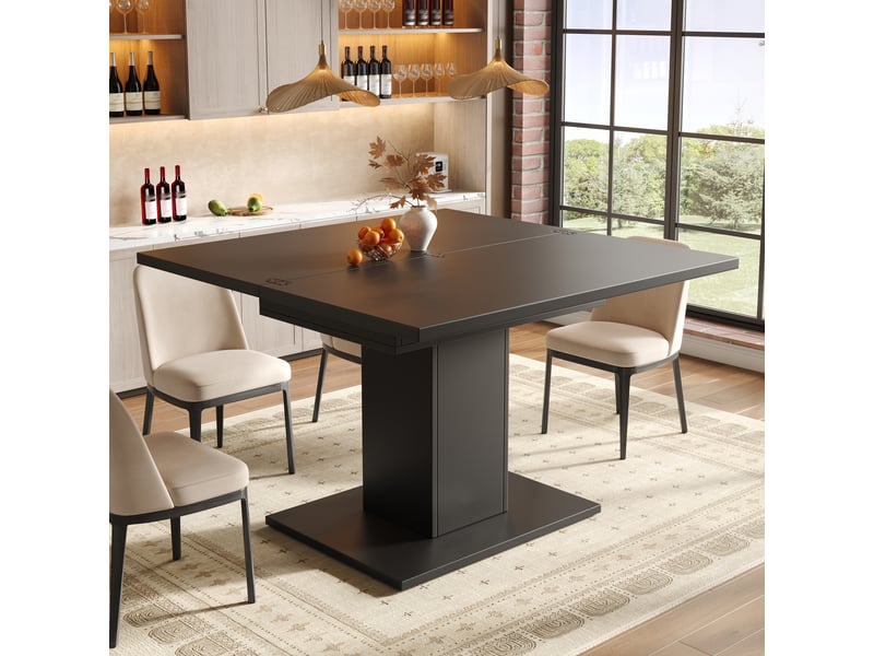  Table à manger extensible carrée, plateau rabattable et rangement, 60 à 120 × 120 × 75,1 cm, noire  - Conforama D
