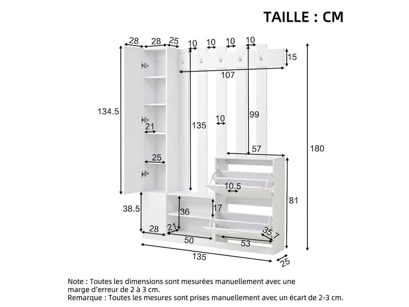  Vestiaire d’entrée avec miroir, 5 patères, 2 portes abattantes, 135 x 25 x 180 cm, blanc  - Conforama E
