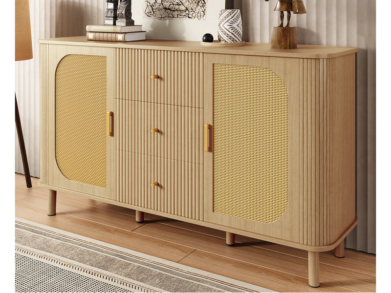 Buffet, 140 x 40 x 80 cm, meuble de rangement, 2 portes 3 tiroirs, armoire de cuisine avec étagères, naturelle - Conforama B