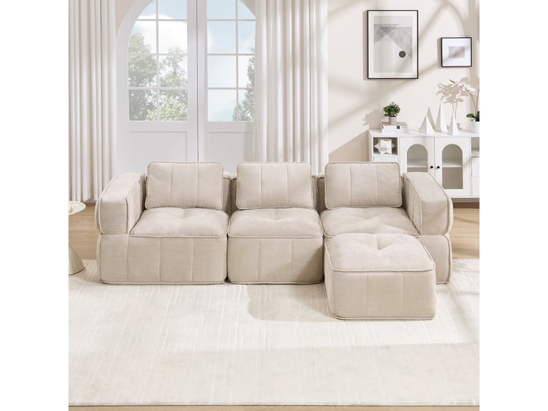  Canapé 3 places - 271x162x67cm - canapé d'angle modulaire en l avec pouf repose-pieds en mousse 32d sans cadre - beige  - Conforama B