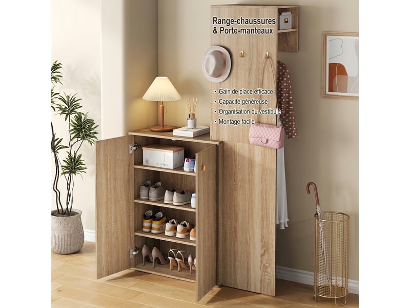  Vestiaire d'entrée avec meuble à chaussures mdf naturel 115cm  - Conforama C