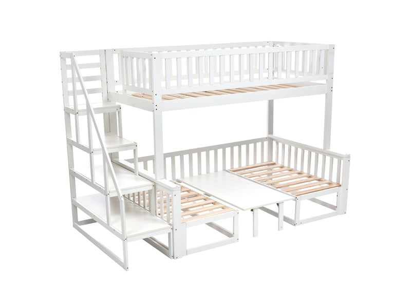  Lit superposé enfant,90x200 cm et 120x200 cm,avec escalier et table modulable,blanc  - Conforama A