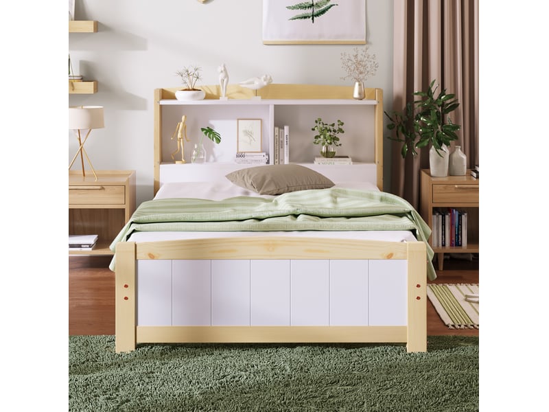  Lit simple 90x200 cm avec tête de lit de rangement et sommier à lattes, bois+mdf, naturel et blanc sans matelas  - Conforama D