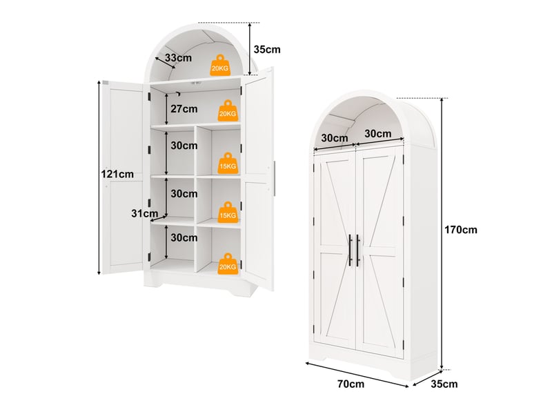  Vitrine haute 70x35x170 cm, portes doubles, étagères réglables, mdf, blanc  - Conforama C
