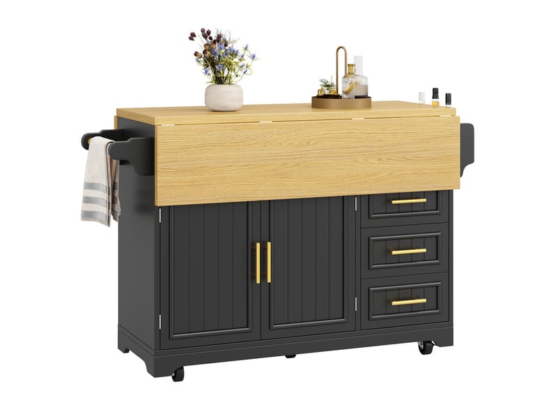  Îlot multifonction avec table extensible, portes verticales, tiroirs, plateau rabattable 2 côtés, roulettes, 120x40x95 cm, noir  - Conforama A
