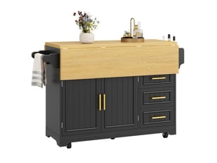 Îlot multifonction avec table extensible, portes verticales, tiroirs, plateau rabattable 2 côtés, roulettes, 120x40x95 cm, noir