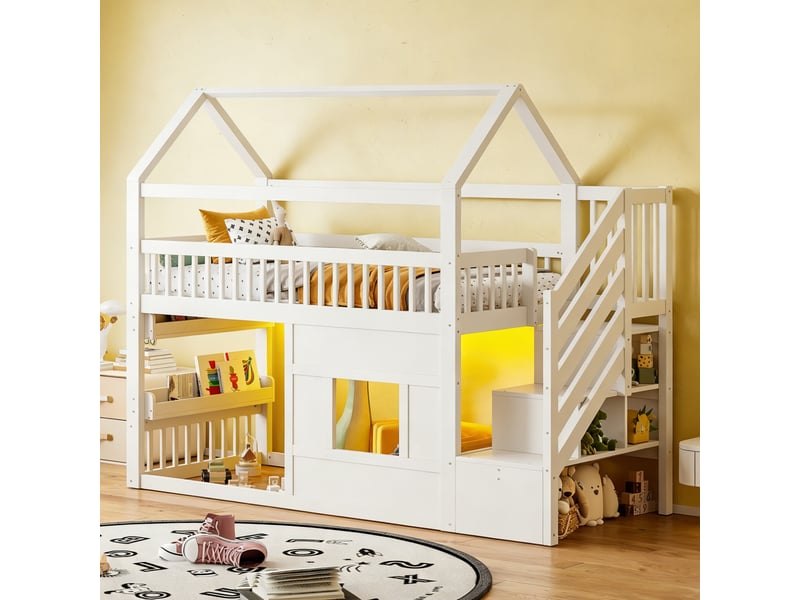  Lit mezzanine enfant 90x200 cm style cabane en pin et mdf blanc, avec escalier à 2 rangements, fenêtre et éclairage led multicolore Fay Lum - Conforama E