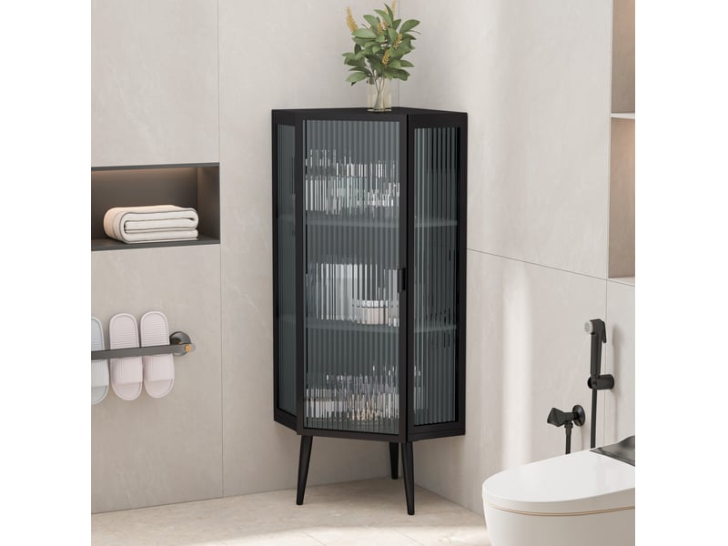 Armoire d'angle 56x42,5x110 cm trois niveaux verre trempé métal noir  - Conforama C