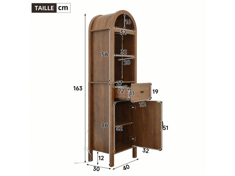  Colonne de salle de bain 40x30x163 cm noyer avec led rgb et tiroir  - Conforama C
