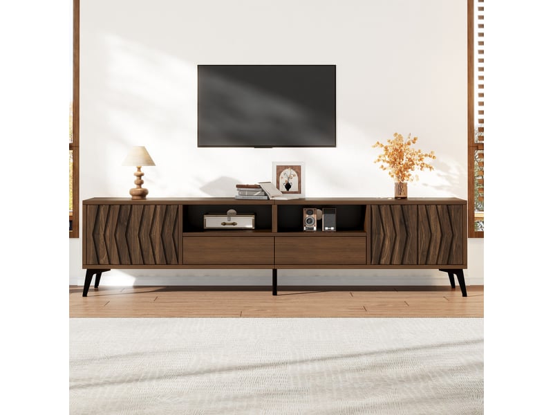  Meuble tv 180 cm effet noyer avec 2 portes, 2 tiroirs et design relief géométrique, meuble bas rangement pour téléviseur jusqu’à 75 pouces IKSETERA TRADING LTD - Conforama E