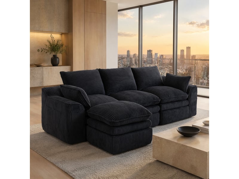  Canapé 3 places ulevr modulaire avec repose-pieds et poches latérales, velours côtelé noir, 263 x 167 x 85 cm  - Conforama B