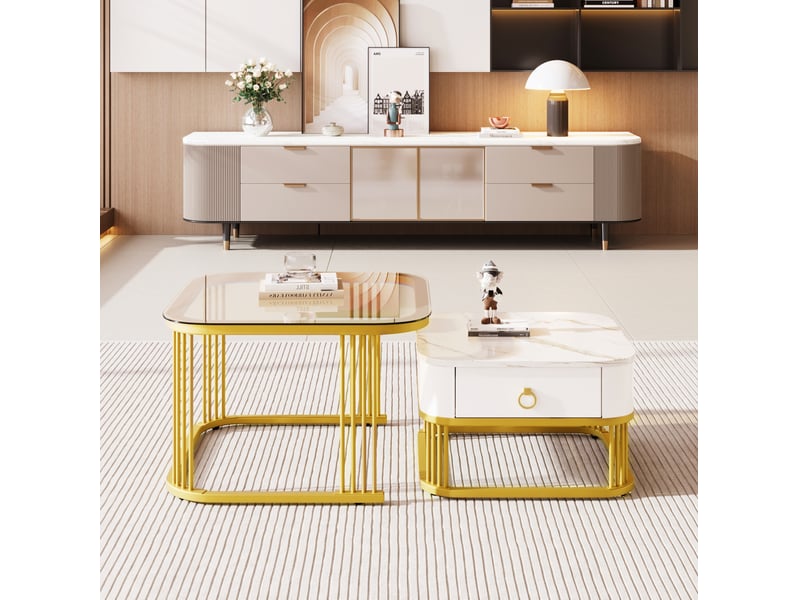 Lot de 2 tables basses gigognes avec tiroir, verre brun et effet marbre blanc - Conforama B