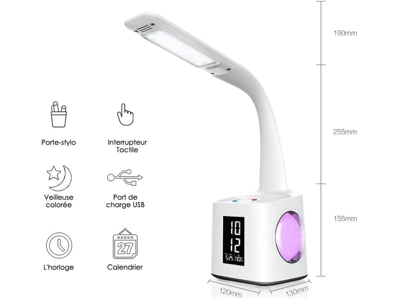  Lampe de bureau d'étude avec port usb et écran heure – porte-stylo, lumière d'ambiance nocturne  - Conforama B