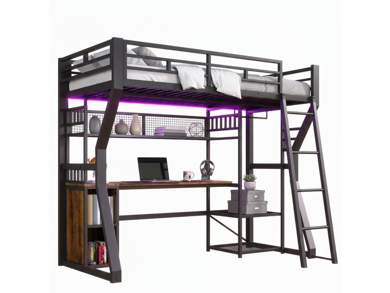  Lit mezzanine 90x200 cm avec éclairage et bureau en métal et mdf noir  - Conforama A