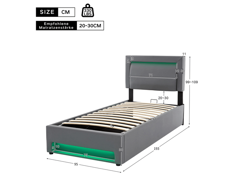  Lit coffre 90x190cm, sommier, tête de lit réglable, lit simple, avec éclairage led intégrée, rangement, pu gris, sans matelas  - Conforama C