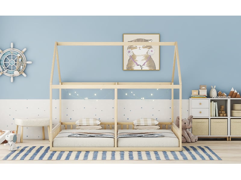  Lit enfant en bois naturel - maison 90x200 cm, 2-en-1, fonctionnel et rangement intégré  - Conforama E