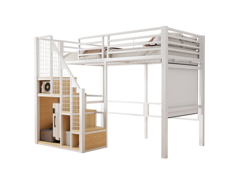  Lit mezzanine enfant 90 x 200 cm avec escalier, rangements et étagères, blanc  - Conforama A