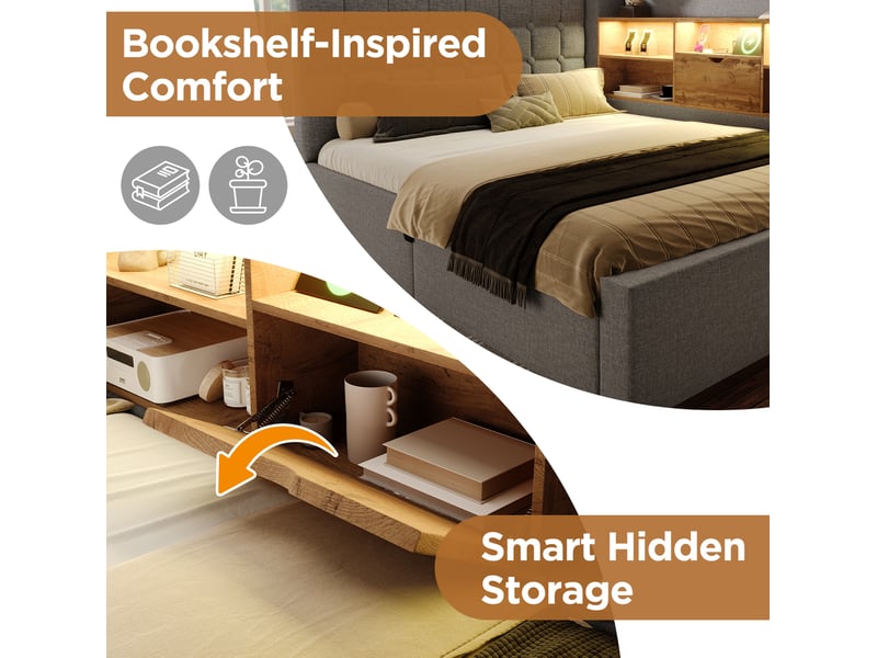 Lit banquette 90x200 cm – gris – lit gigogne avec led, rangements et ports usb-c intégrés, sans matelas  - Conforama E