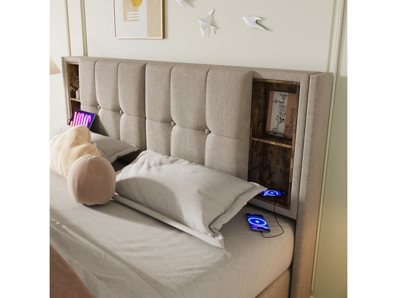 Lit coffre double 160x200 avec tête de lit rembourrée naturelle, chargeur sans fil intégré et sommier à lattes - Conforama E