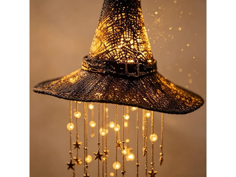 Pack de 3 décoration halloween suspendue, chapeau de sorcière lumineux led avec étoiles et carillon à vent pour porche, jardin et terrasse - Conforama E