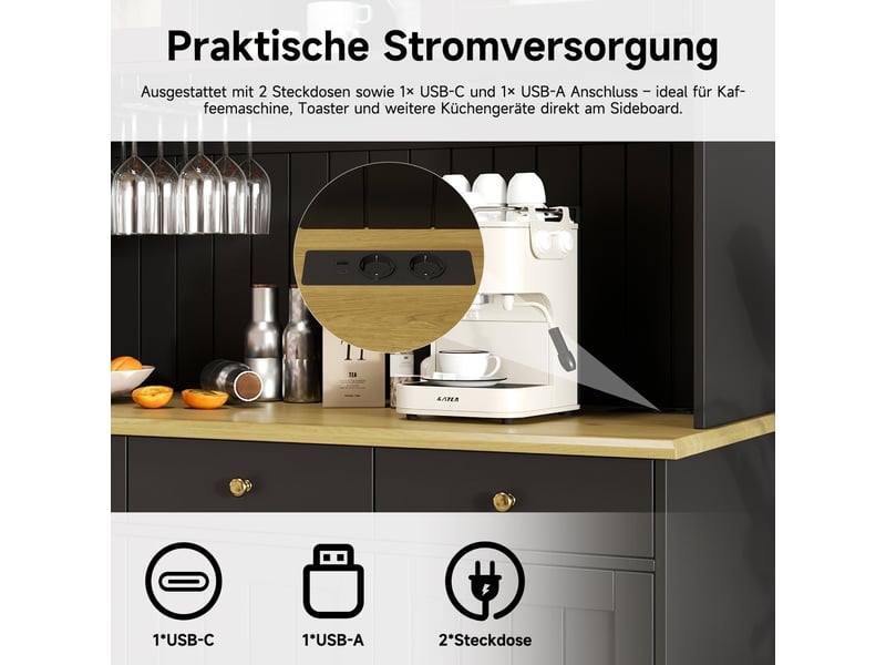  Buffet haut de salle à manger 120 x 40 x 191 cm avec portes vitrées, porte-verres, 2 prises, usb-ausb-c, étagères réglables, poignées noir et or  - Conforama E