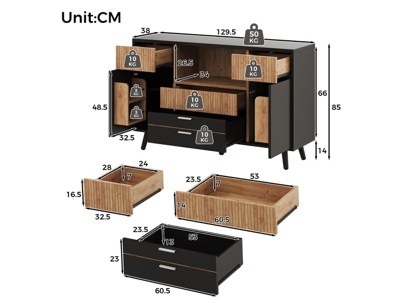 Buffet bas 130x38x85 cm avec 4 tiroirs, led rgb, rangements de porte, étagères réglables, façades rainurées, mdf effet bois naturel et noir - Conforama D
