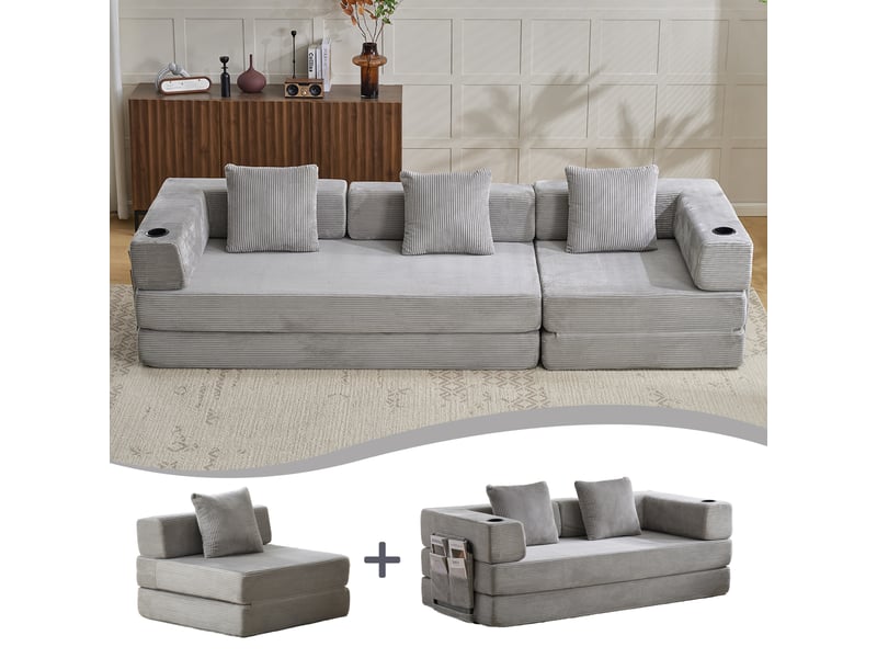  Canapé convertible, canapé-lit, gris clair, poches latérales, porte-gobelets, pour salon, en velours tricoté, chambre  - Conforama R