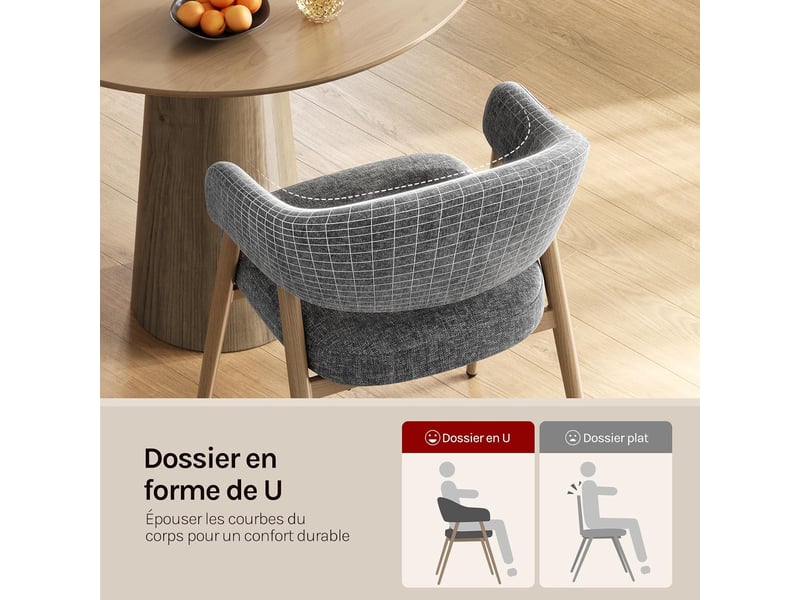  Lot de 4 chaises de salle à manger, ergonomique，pieds métalliques, siège en tissu chenille，gris  - Conforama E