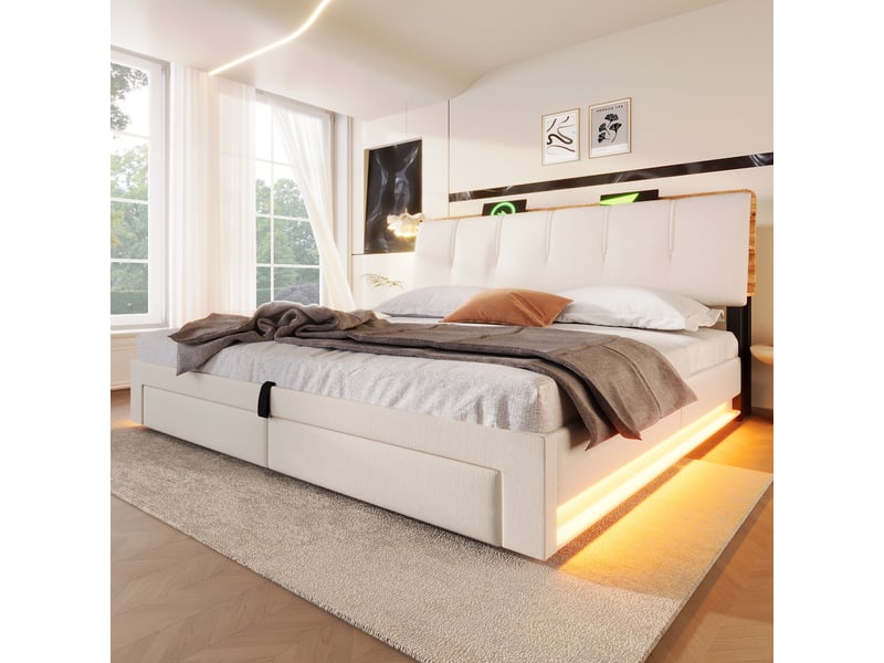  Lit coffre 180x200 cm, lit double, rangement hydraulique, led, lin beige, usb et usb-c  - Conforama E