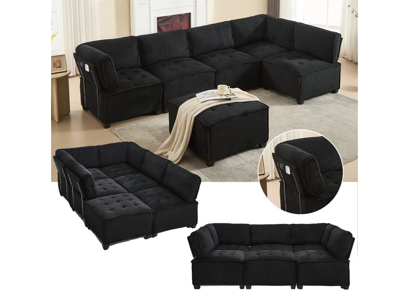  Canapé d’angle modulable 6 places 308x154x81,99 cm, forme u-l et fonction couchage, poches de rangement, structure bois-métal, velours côtelé noir  - Conforama D