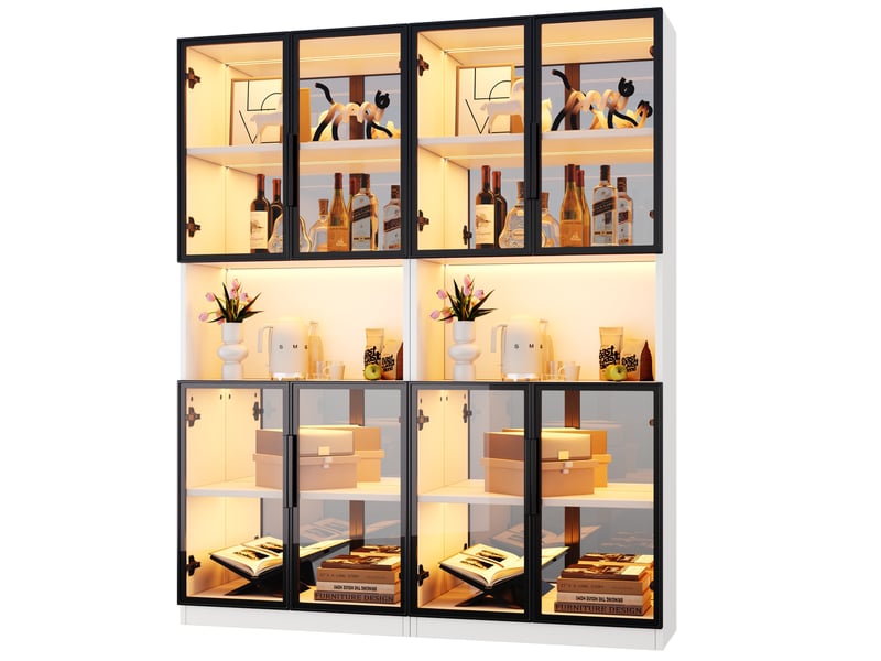  Vitrine 2 pièces 140 x 30 x 170 cm – blanche – portes en verre gris, led et fond miroir de rangement  - Conforama A