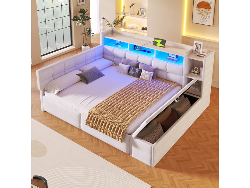  Banquette-lit 140x190 cm en velours avec 2 tiroirs et rangement - led intégrée, ports usb et type-c - blanc  - Conforama B