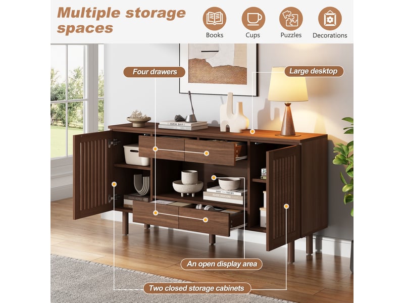Buffet de rangement 4 tiroirs et 2 portes à lames - lpospi - 5 pieds en bois massif mdf noyer 140 × 35 × 71 cm - Conforama E