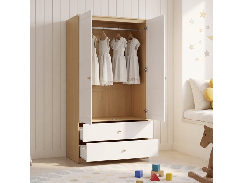 Armoire double porte avec 2 tiroirs et tringle pour chambre et bureau, en mdf, blanc et effet bois, 100 × 48 × 180 cm - Conforama C