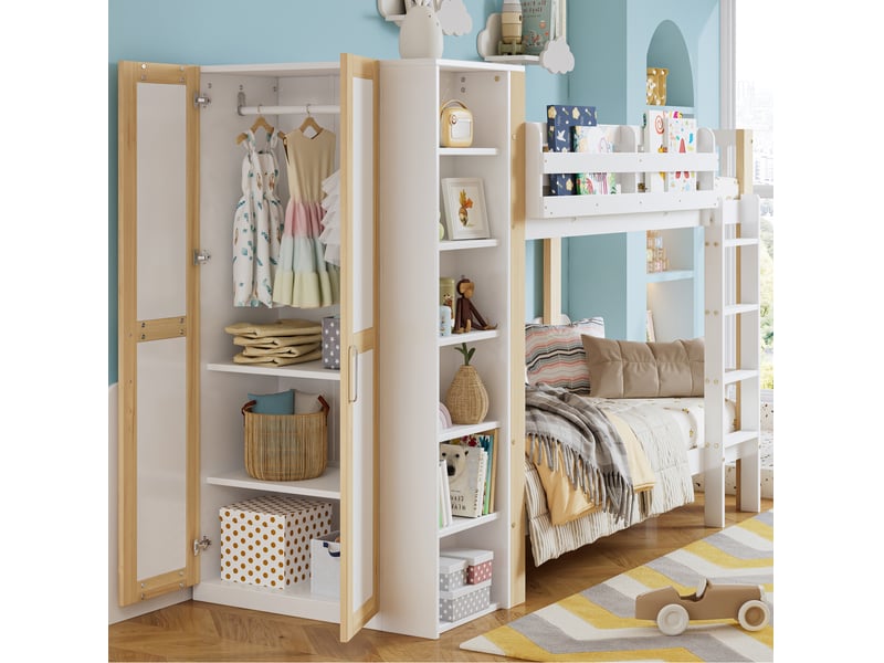 Lit superposé enfant 90x200 cm avec armoire, 6 étagères et échelle, blanc naturel - Conforama E