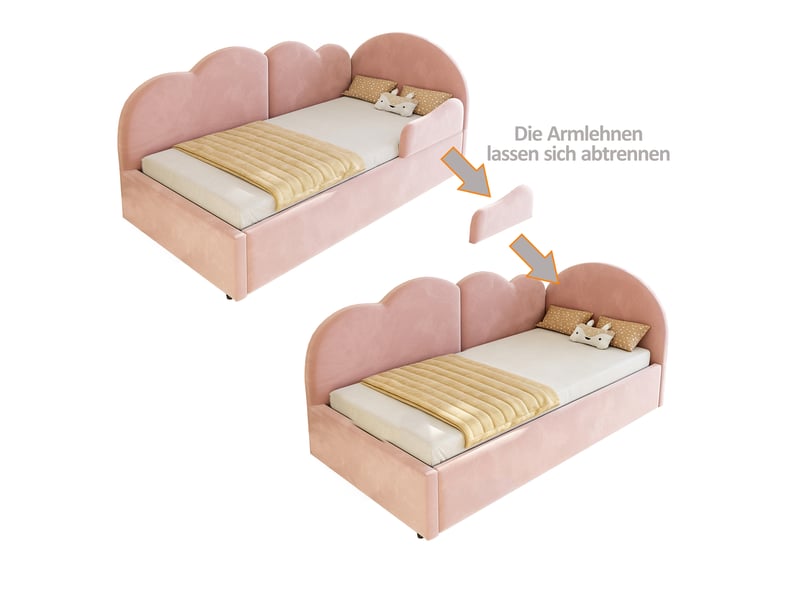 Lit superposé en l 90x200+90x190 cm, tête de lit nuage, velours rose, sans matelas - Conforama E
