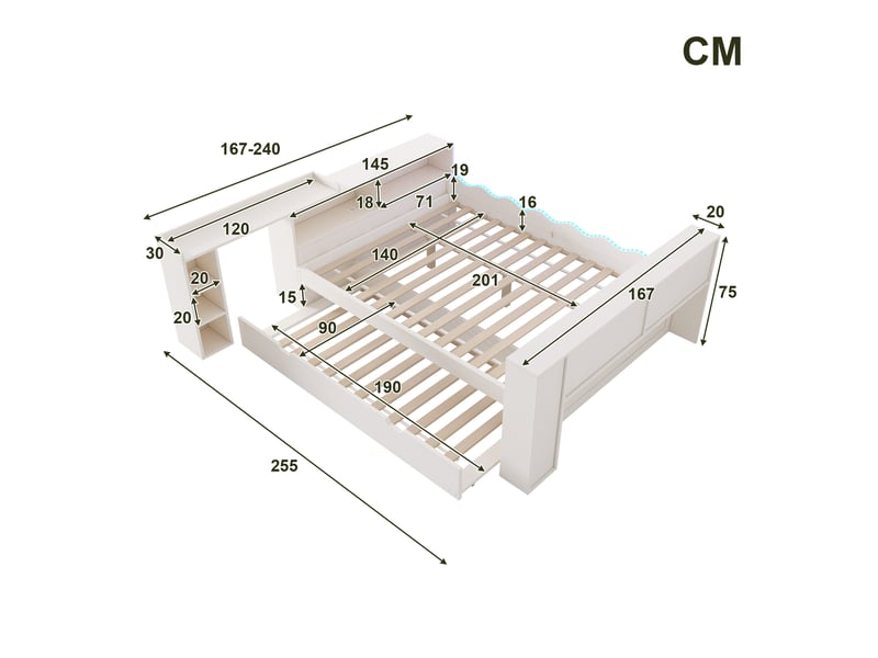  Lit gigogne 140 × 200 cm avec couchage 90 × 190 cm, bureau, prises et led Fay Lum - Conforama C