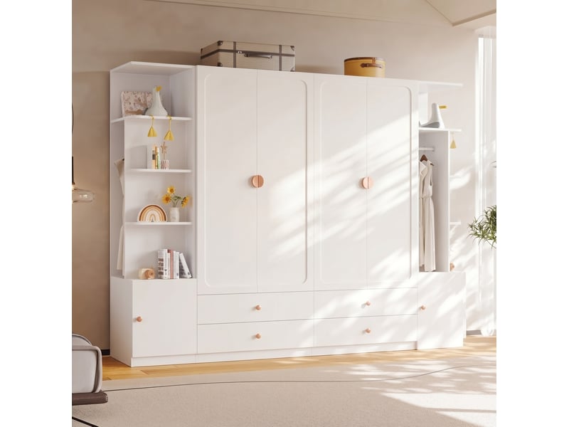  Armoire 6 portes blanche 270x45x200 cm avec 4 tiroirs et 4 penderies  - Conforama B