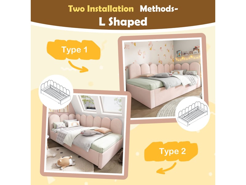  Lit banquette enfant 90x200 cm avec lit gigogne 90x190 cm-sommier à lattes en velours-design rembourré-rose  - Conforama E